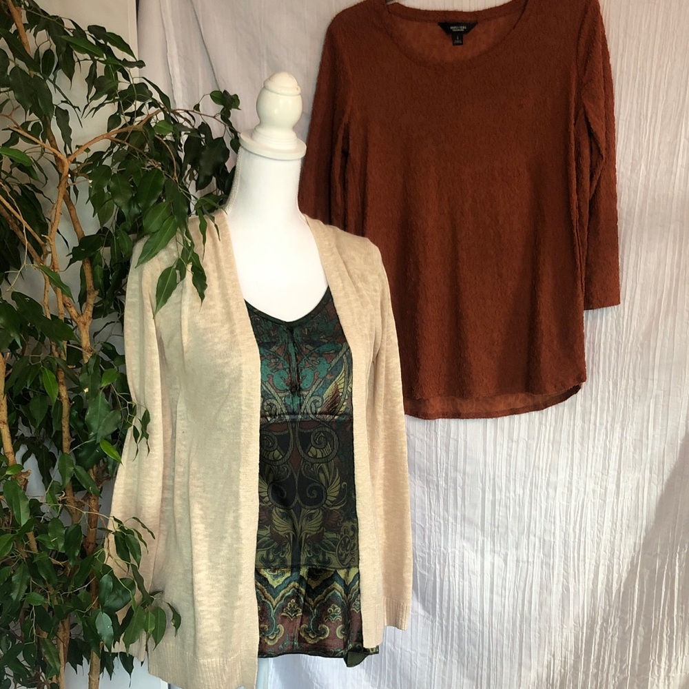GAP swing sweater & SIMPLY VERA WANG rust lace overlay top & ONE WORLD India top